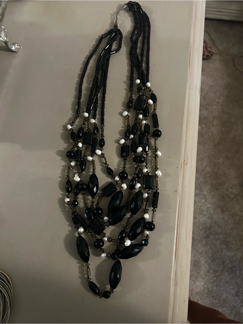 Layered Black Bead and Faux Pearl Statement Necklace